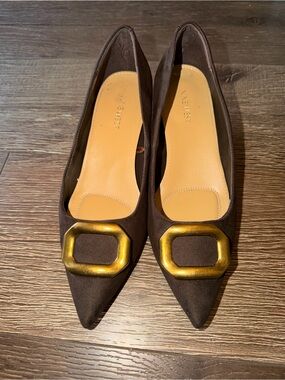 Nine West Dark Brown Pointed Flats with Gold Accent Buckles